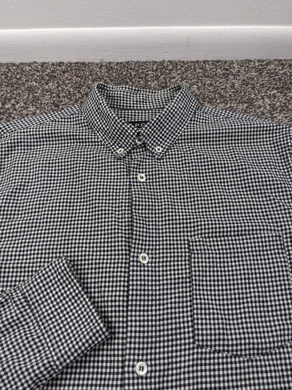 A.P.C. Shirt Lightweight Flannel Gingham Checked Long Sleeve Black Mens Medium